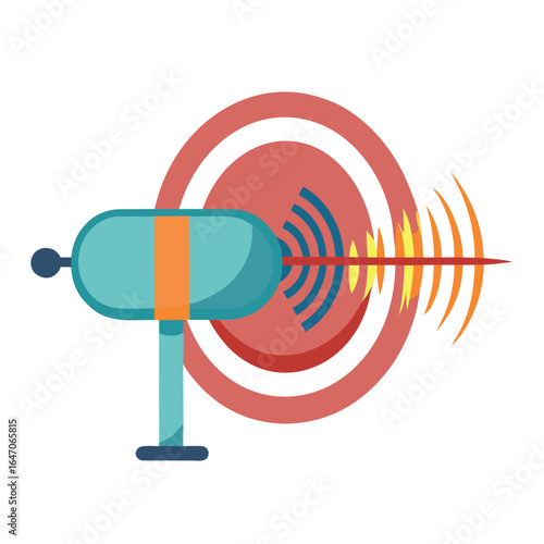 Illustration of a scientific device emitting waves towards a target, symbolizing research and innovation