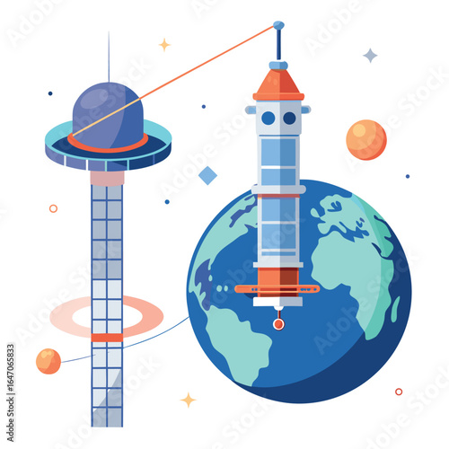 Photo of space exploration with a rocket orbiting earth and a futuristic space station