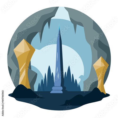 Photo of a majestic blue crystal shard pierces the sky within a cavern, flanked by glowing golden gems
