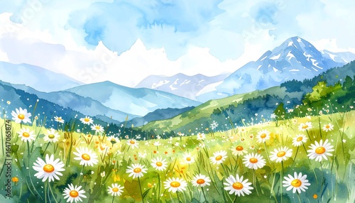 Fototapeta Naklejka Na Ścianę i Meble -  A serene and beautiful watercolor painting of a mountain landscape with a field of white daisies in the foreground, against a backdrop of rolling green hills and snowy peaks