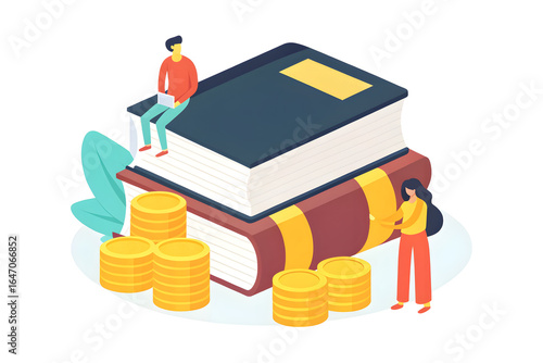 College Savings Strategy Giant books with coins and two people symbolize financial investment in education. Flat design illustration
