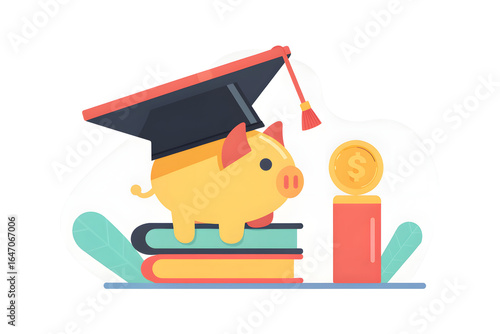 College Savings Strategy A piggy bank wearing a graduation cap sits on books beside a coin and a trophy. Flat design illustration