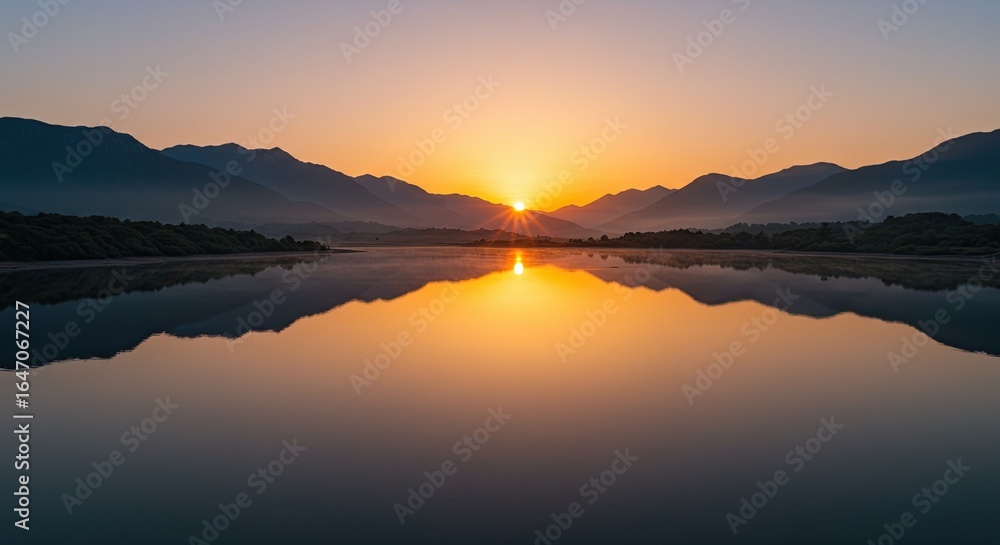 Fototapeta premium Golden Sunrise Reflected on Calm Lake with Mountain Silhouette