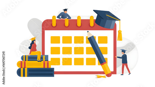 College Savings Strategy Graduation-themed calendar with books, pencil, and students in academic caps. Flat design illustration