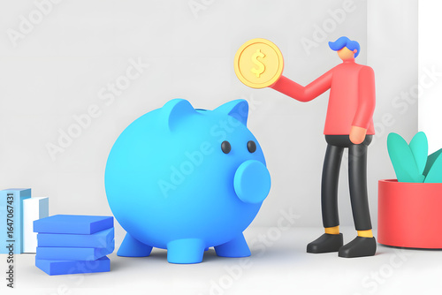College Savings Strategy A person stands beside a large blue piggy bank, holding a coin in a modern, minimalistic setting. Flat design illustration