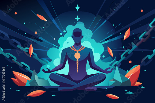 Meditating figure in lotus position breaks chains, finds inner peace and freedom, calm and mindfulness