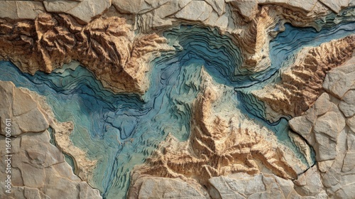 Detailed Topographic Relief Map Painted on Stone Wall Artwork