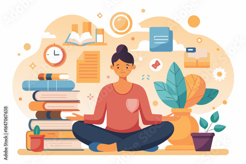 Mindful student finds inner peace with yoga pose amidst books and plants for focus and concentration