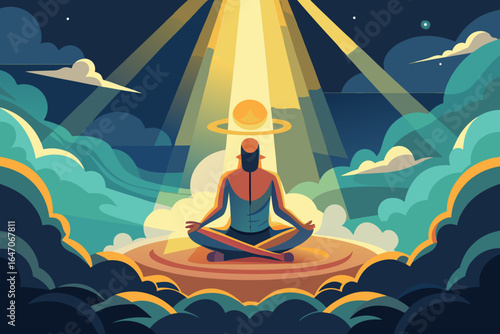 Meditative illustration with person in lotus position under sun rays, spiritual wellness and mindfulness concept