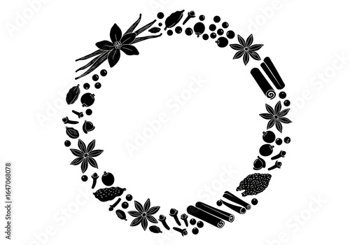 Fototapeta Naklejka Na Ścianę i Meble -  Black and white spice wreath with vanilla beans, anise stars, cinnamon sticks, and cloves