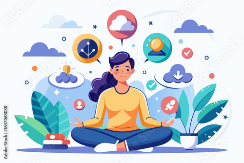 Woman meditating with ideas and clouds