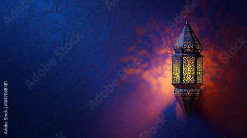 Photorealistic Arabic-style lantern casting warm glow and shadows on wall against blue and purple background with text space.
