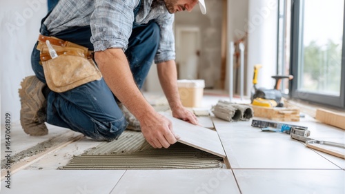Construction worker placing ceramic spacers, tile on adhesive surface using tile floor installing new flooring in apartment