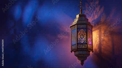 Photorealistic Arabic-style lantern casting warm glow and shadows on wall against blue and purple background with text space.