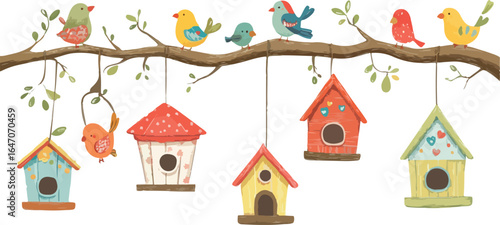 Cute birds on a branch with birdhouses seamless border vector illustration