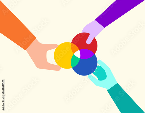 Three hand holding merge of three circle, company equity merge teamwork concept illustration