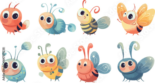 A colorful vector illustration set of funny cartoon monsters and cute animal characters with insects and flowers