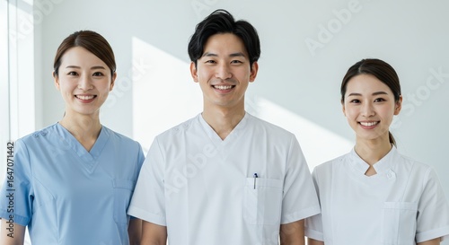 Smiling Medical Professionals: Three Asian Healthcare Workers in Scrubs.