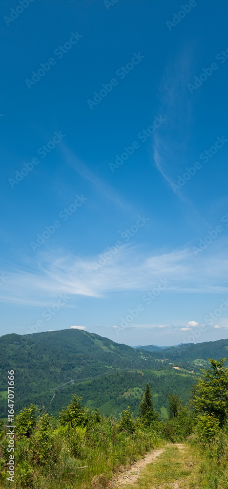 Fototapeta premium A stunning vertical view of rolling mountains under a clear blue sky, perfect for travel ads, outdoor gear promotions, or eco-friendly campaigns