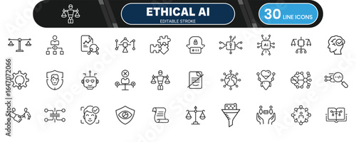 Ethical AI and Bias Prevention Line Icon Set for Responsible Technology and Fair Artificial Intelligence