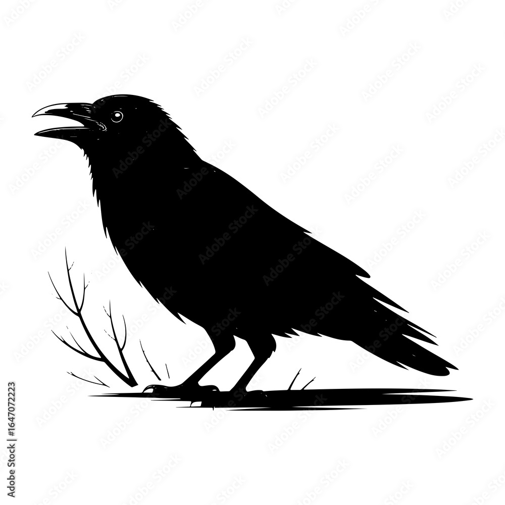 Fototapeta premium Black crow with open beak standing on ground near bare branches bird white