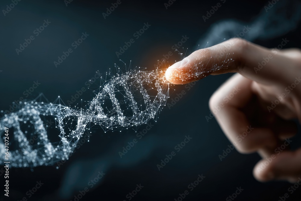 Fototapeta premium Fingertip touches glowing DNA