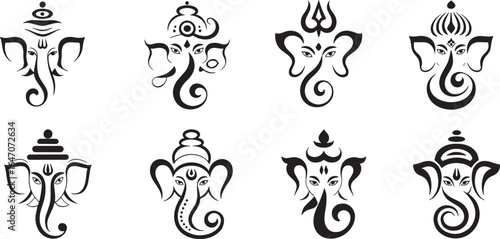 Hand drawn black and white lord ganesha icon illustration for Indian wedding and ganesh Chaturthi festiva.