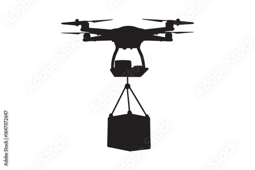 Modern quadcopter drone in a stark black silhouette carrying a suspended cargo package against a clean white background silhouette