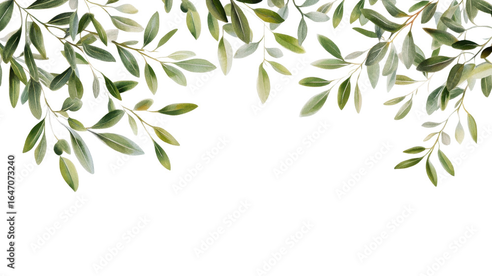 Fototapeta premium Lush green leaves gently frame a blank space, ideal for nature-themed artwork or elegant designs