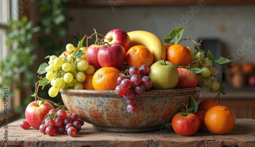 Colorful Fruit Bowl on Wooden Table, Still Life