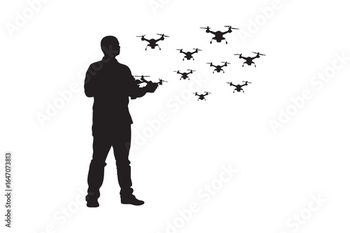 Man controlling multiple drones in the sky with a remote control drone pilot operating unmanned aerial vehicles silhouette
