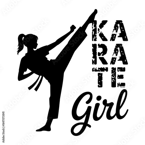 Silhouette of a girl performing a high kick in karate martial arts black and white