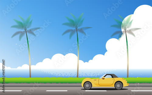 海沿いの道を走る黄色い自動車の背景イラスト素材 ベクター 夏 椰子の木 ドライブ