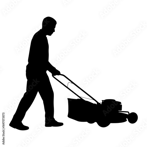 Silhouette of a man pushing a lawnmower grass cutting