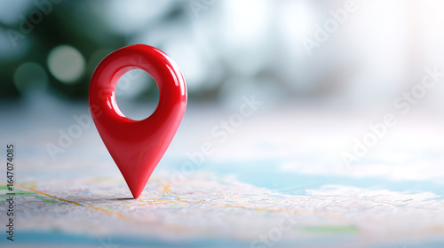 Red location pin icon placed on a map background, symbolizing navigation and direction, representing travel and exploration in a digital context

