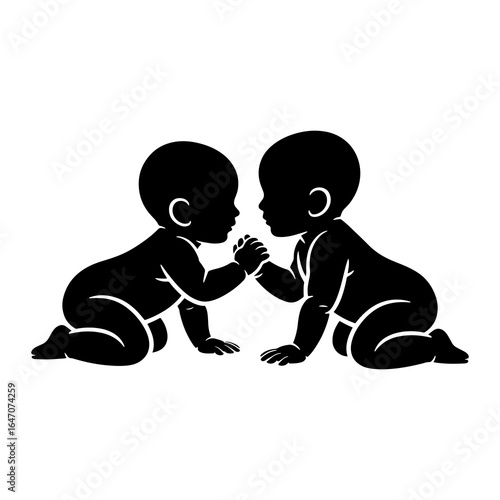 Two babies arm wrestling black silhouette infants competition