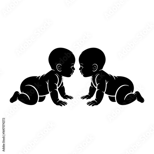 Two black babies crawling facing each other infants black silhouette