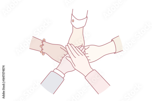 Teamwork, diversity, agreement, partnership concept. Human hands of mixed ethnic group holding together. meaning social community and unity vector illustration