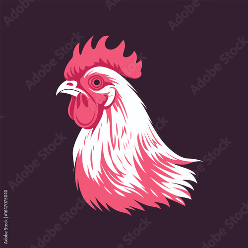 A vibrant red and white rooster stands proudly against a black background. The roosters vivid colors contrast sharply with the dark backdrop, creating a striking visual impact.