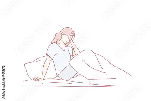 Mental disorder, loneliness, depression concept. Sad unhappy Woman staying in bed in her bedroom waking up with headache, fatigue, migraine or suffering from insomnia vector illustration