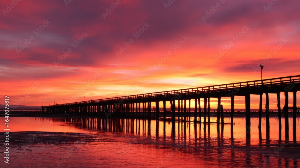 Obraz premium Serene sunset view over a tranquil pier reflecting vibrant colors on the water's surface