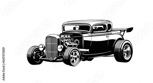 Illustration of a classic black hot rod car with visible engine and rear spoiler
