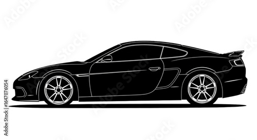 Side view of a black sports car with detailed rims and a spoiler on a white background
