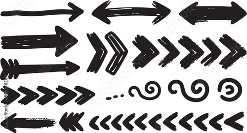 Collection of hand drawn black arrows and pointers isolated on white background