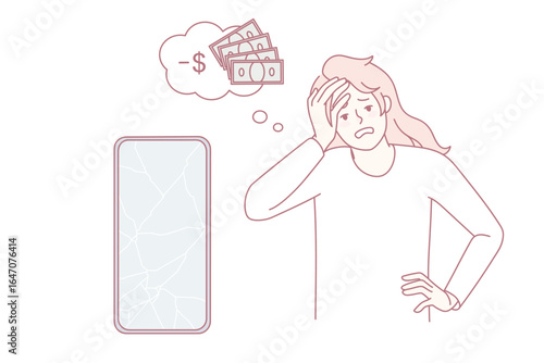 Distressed young woman frustrated with broken smartphone and extra expenses on repair service. Unhappy girl stressed with cellphone screen crash and fixing price. Vector illustration.