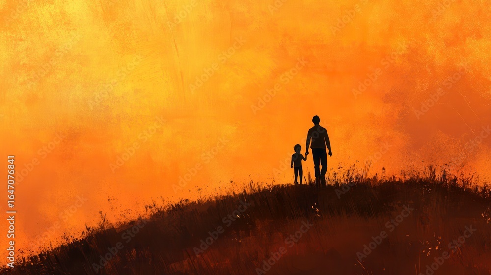 Fototapeta premium Silhouette of a Parent and Child against a Warm Sunset Background