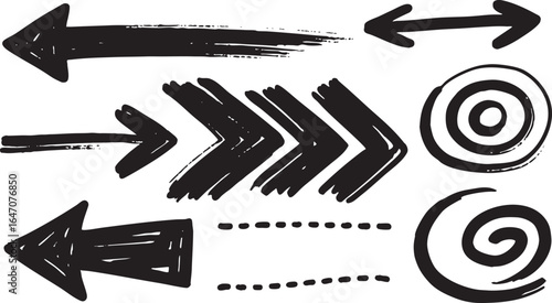 Collection of hand drawn black arrows and pointers isolated on white background