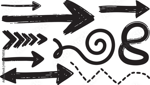 Collection of hand drawn black arrows and pointers isolated on white background