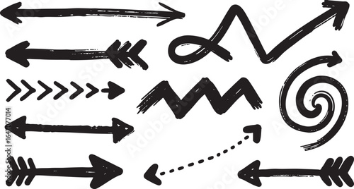 Collection of hand drawn black arrows and pointers isolated on white background