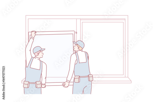 Repairing and reconstruction at home concept. Two men workers in uniform standing changing window for plastic one at home or office working vector illustration